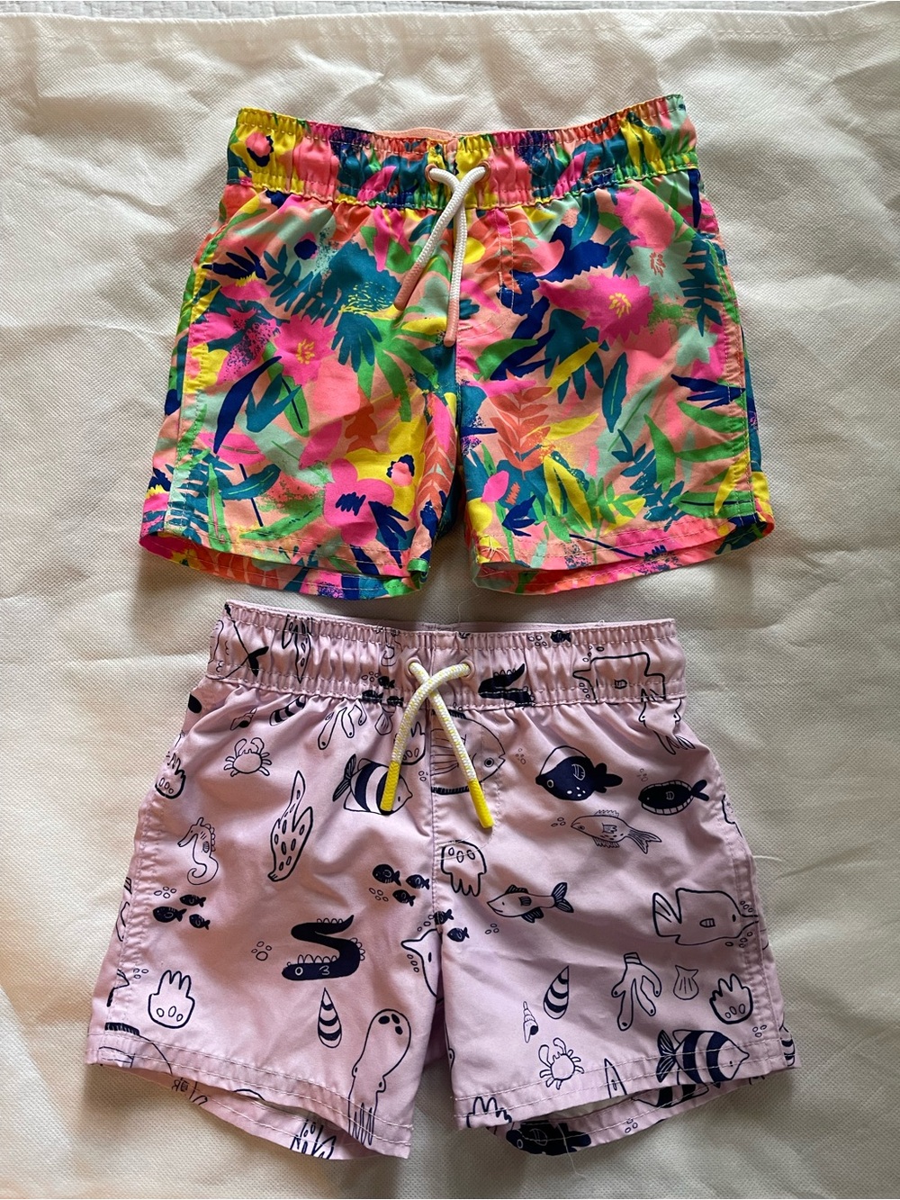 Cat & Jack Neon Tropical Print Swim Shorts + Pink Sea Creature Swim Shorts